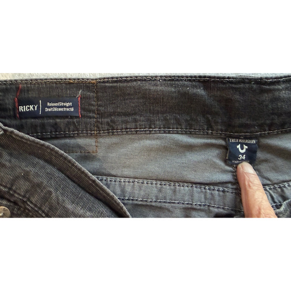 True Religion Jeans Ricky Relaxed Straight Black Grey corduroy Men's Size 34X 33 - Picture 8 of 13